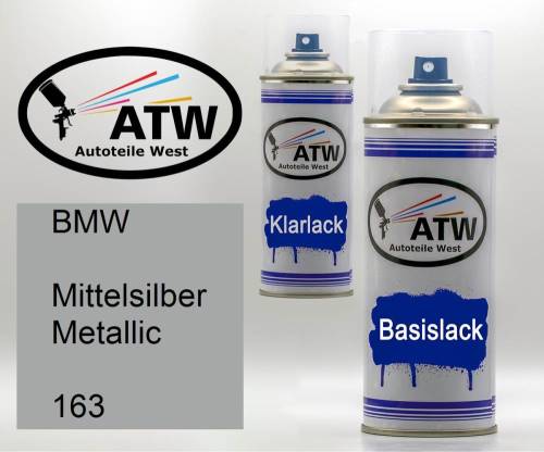 BMW, Mittelsilber Metallic, 163: 400ml Sprühdose + 400ml Klarlack - Set, von ATW Autoteile West.